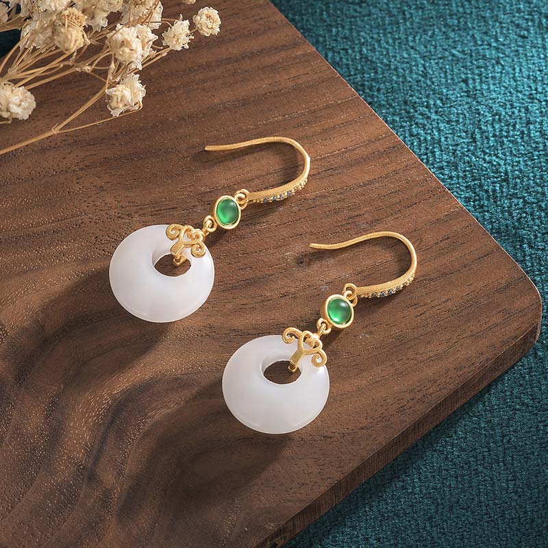 Fengshui White Jade Blessing Drop Earrings