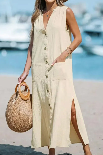 Cotton and Linen Sleeveless Loose V-neck Maxi Dress