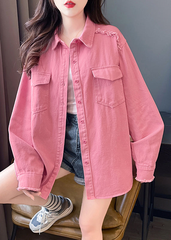 Pink Peter Pan Collar Pockets Denim Shirts Coat Fall Qx021