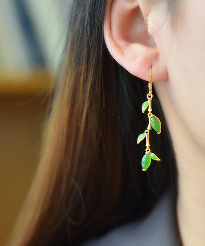 Green Silver Gold Plated Inlaid Jade Drop Earrings