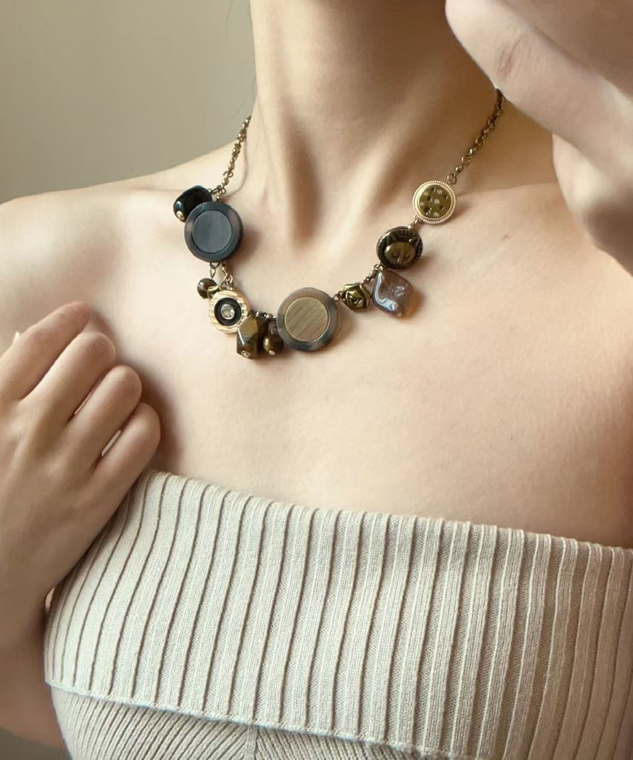 Gold Copper Tiger Eye Stone Tassel Necklace