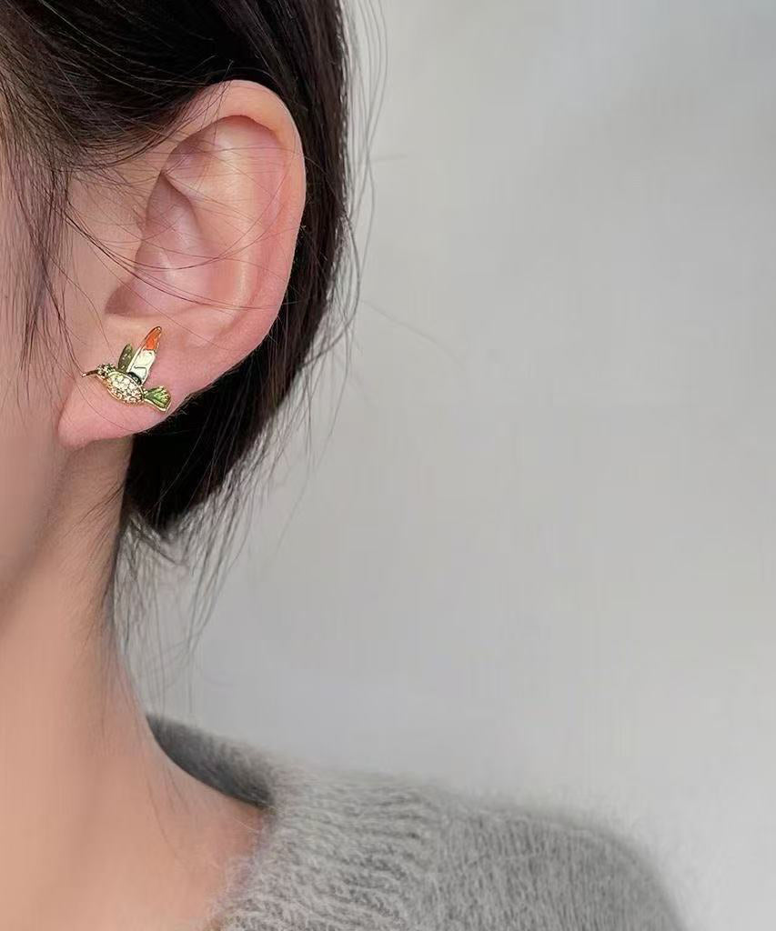 Green Copper Alloy Zircon Enamel Drop Glaze Little Brid Stud Earrings