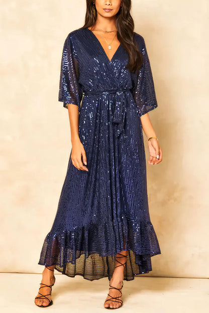 Color Sequined V-neck Waist Tie Loose Maxi Dress