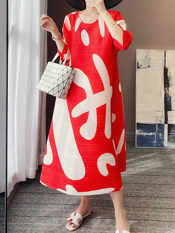 Loose Three-quarter Sleeves Pleated Printed Round-neck Midi Dresses