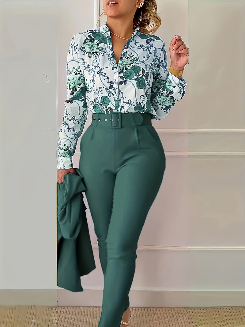 Print V Neck Long Sleeve Blouse & Belted Tapered Pants Td0870
