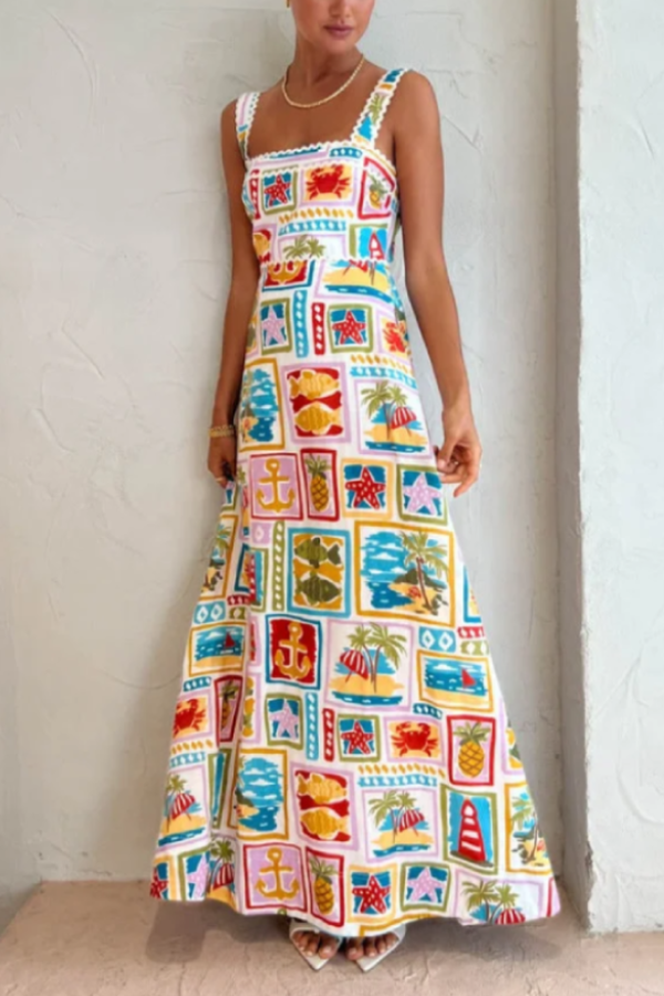 Oil Painting Art Print Wave Edge Sling Maxi Dress