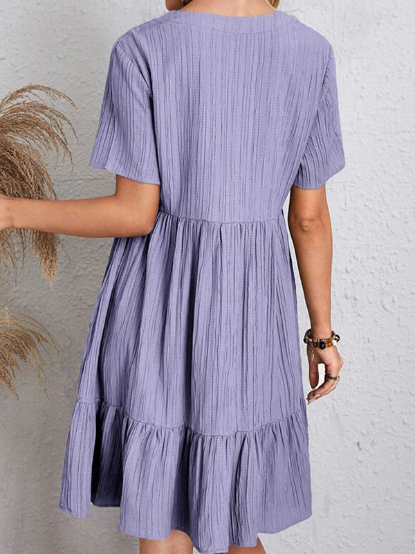 A-line Loose Pleated Color Split-joint V-neck Mini Dresses