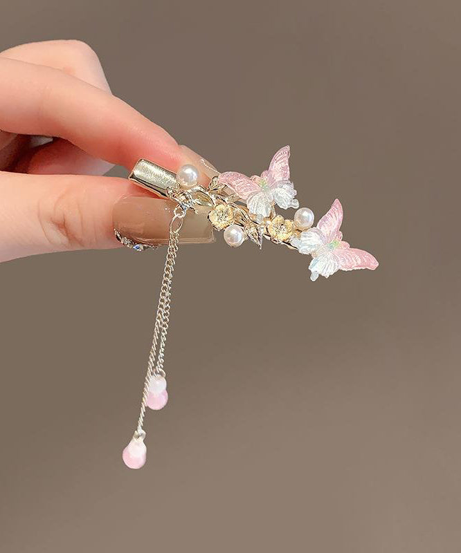 Pink Alloy Pearl Butterfly Tassel Hairpin