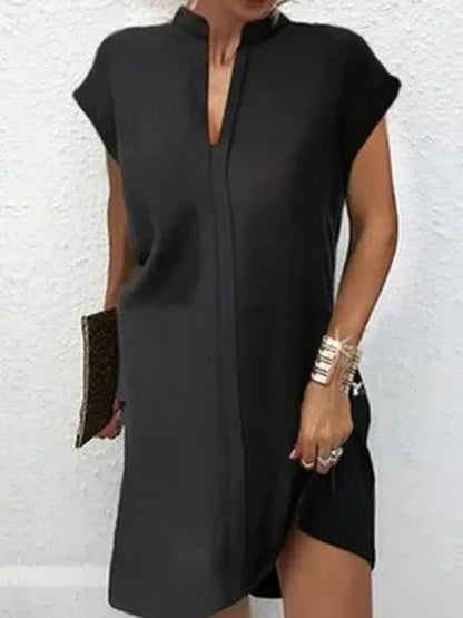 Loose Short Sleeves Color Split-joint V-neck Mini Dresses Short Dresses