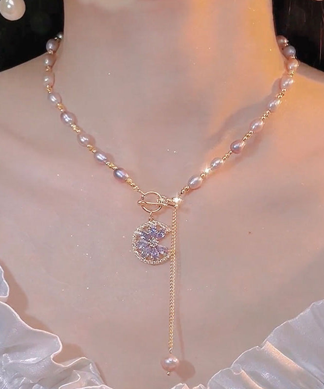 Purple Sterling Silver Overgild Zircon Pearl Tassel Lariat Necklace