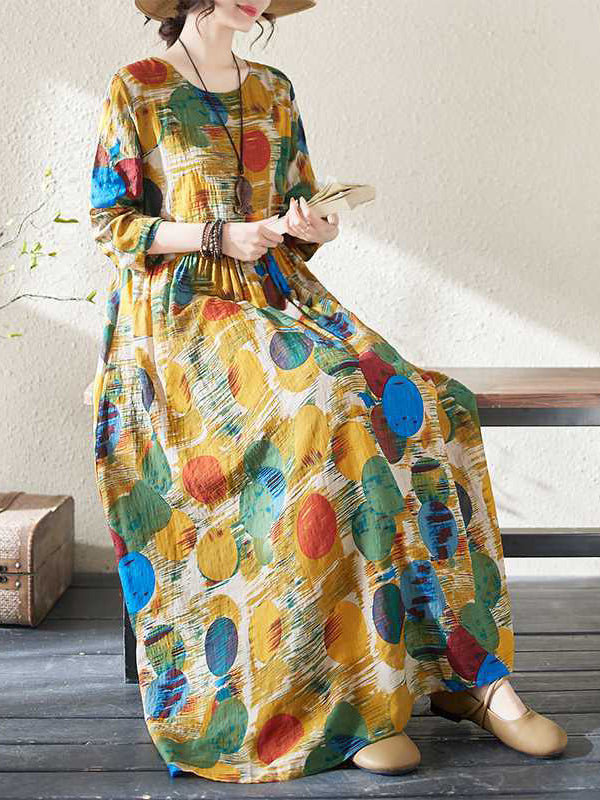 A-line Long Sleeves Pleated Polka-dot Split-joint Round-neck Maxi Dresses