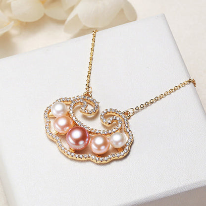 Buddha Stones 18k Gold Plated Natural Pearl Chinese Lock Charm Sincerity Necklace Pendant