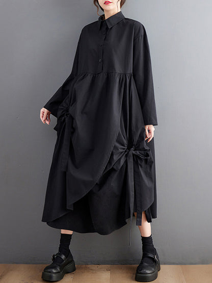 A-line Long Sleeves Buttoned Pleated Pockets Color Tied Lapel Midi Dresses Shirt Dress