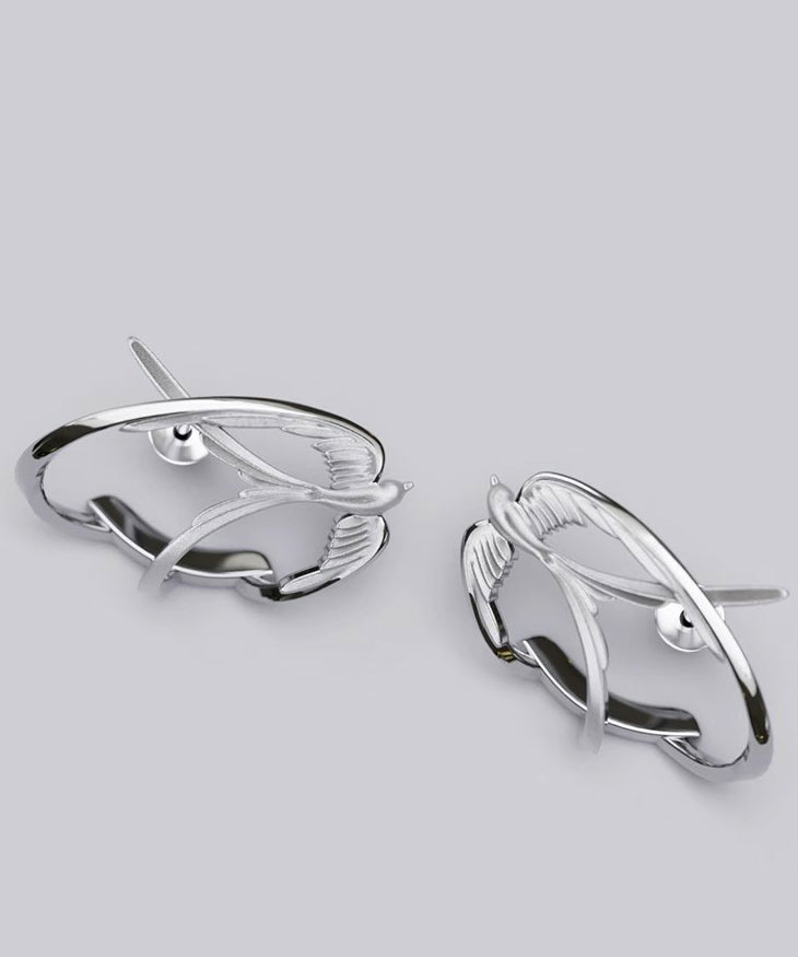 Loose Silk Sterling Silver Swallow Hollow Out Stud Earrings