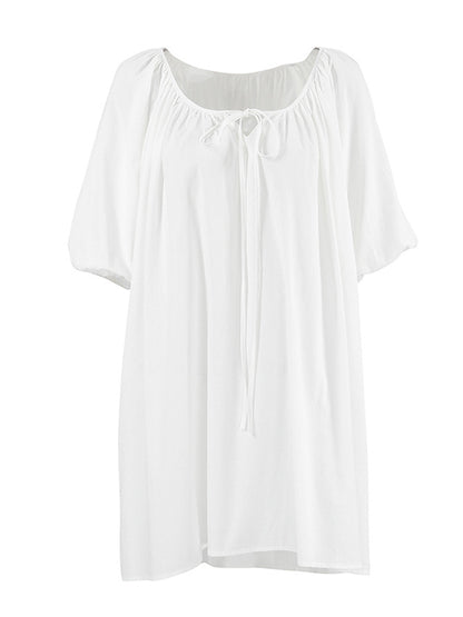 Loose Puff Sleeves Lace-up Pleated See-through Color V-neck Mini Dresses Sleep Dress