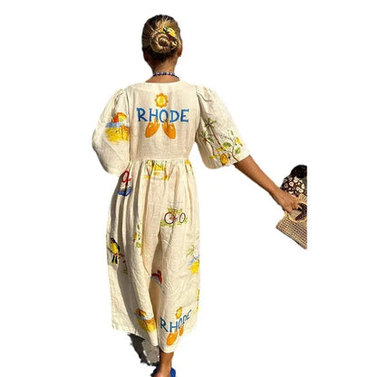 Print Dresses Puff Short Sleeves Single-breasted Beach Vacation Loose Long Dress Summer New Vestidos