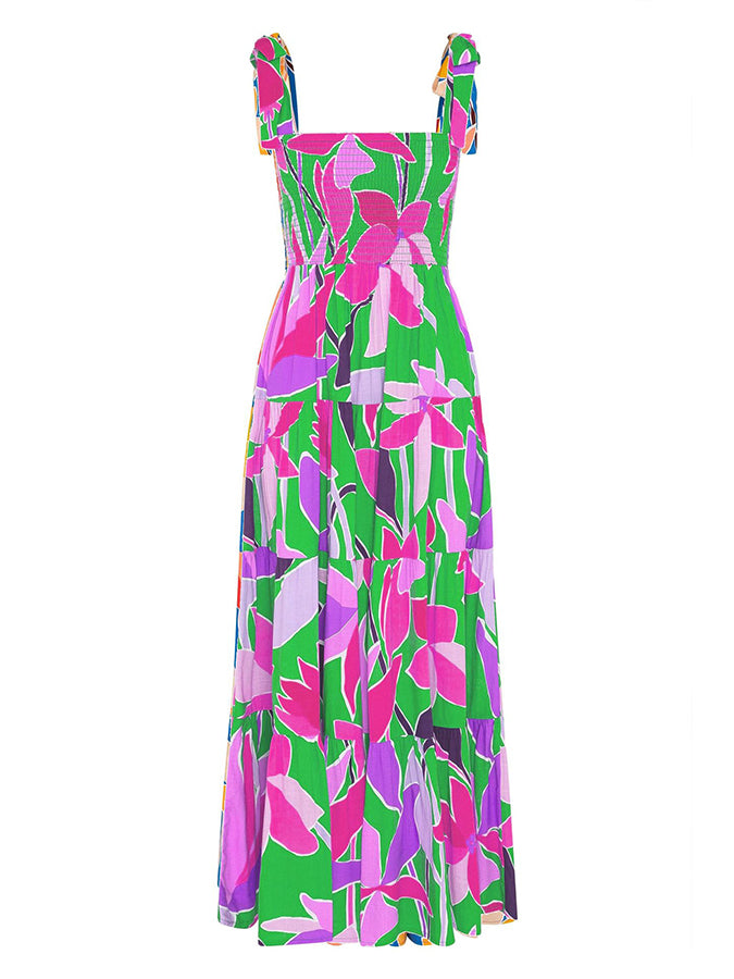 Leaves Printed Tie-shoulder Sleeveless Holiday Maxi Dress