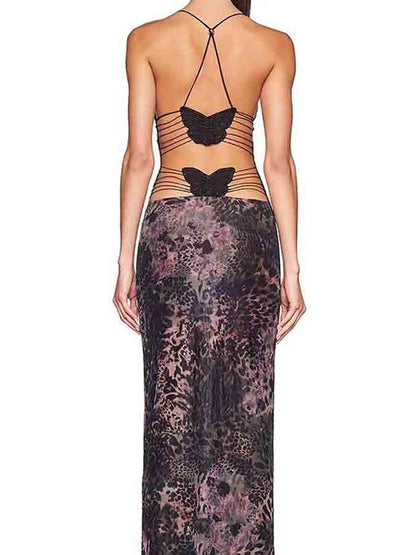 Backless Halter Printed Slim Maxi Dress