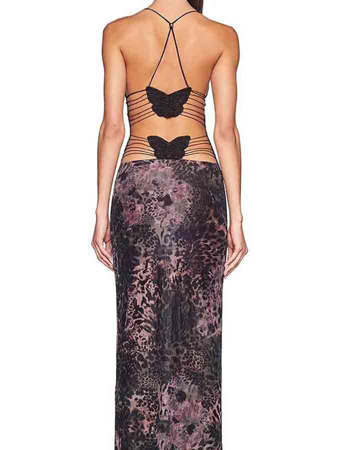 Backless Halter Printed Slim Maxi Dress