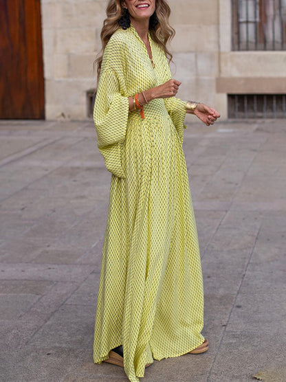 V Neck Long Sleeves Plaid Printed Maxi Dress