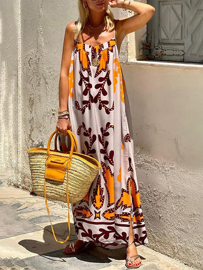 Strap Printed Square Neck Printed Holiday Maxi Dress