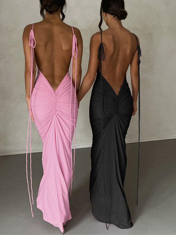 V Neck Lace-up Backless Maxi Dress