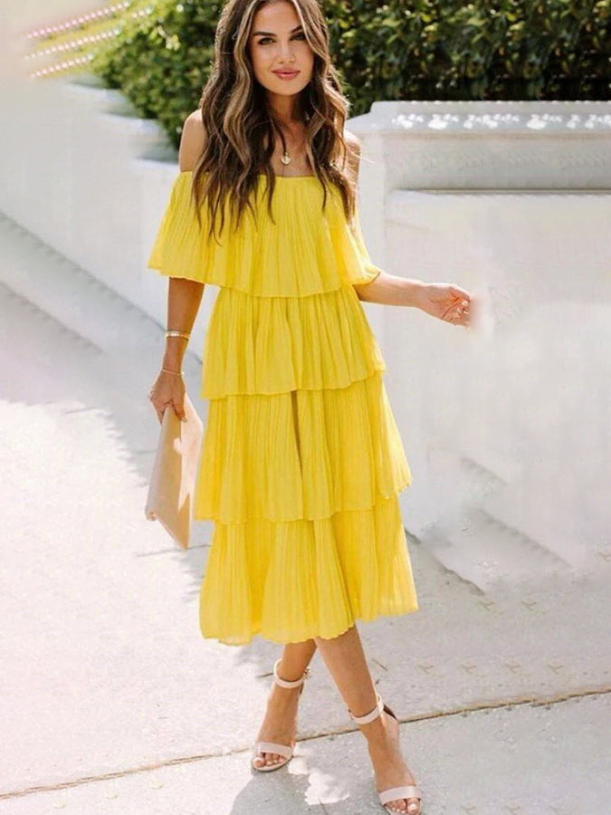 Yellow Off Shoulder Pleated Ruffle Maxi Dress