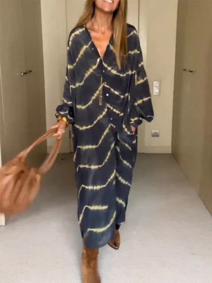 Long Sleeves V Neck Printed Maxi Dress