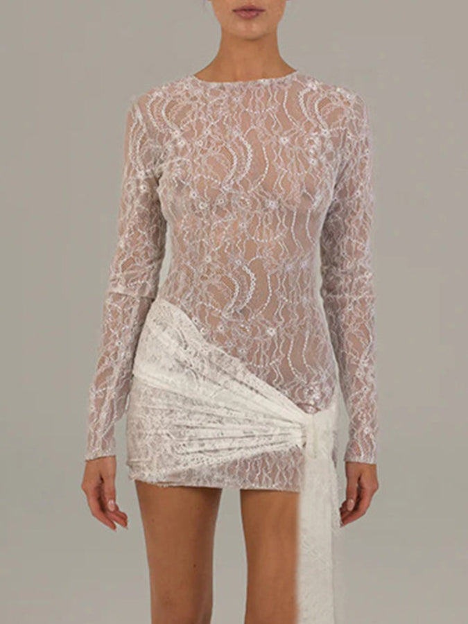 Lace Long Sleeves Lace-up Slim Mini Dress