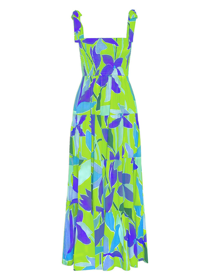 Leaves Printed Tie-shoulder Sleeveless Holiday Maxi Dress