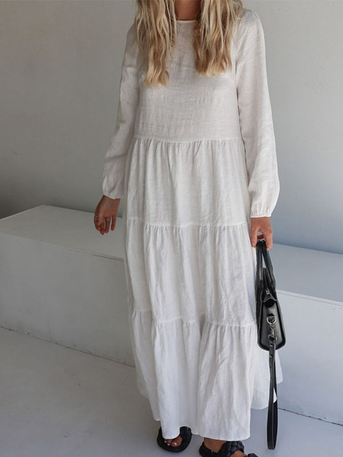 White Long Sleeves Round Neck Maxi Dress