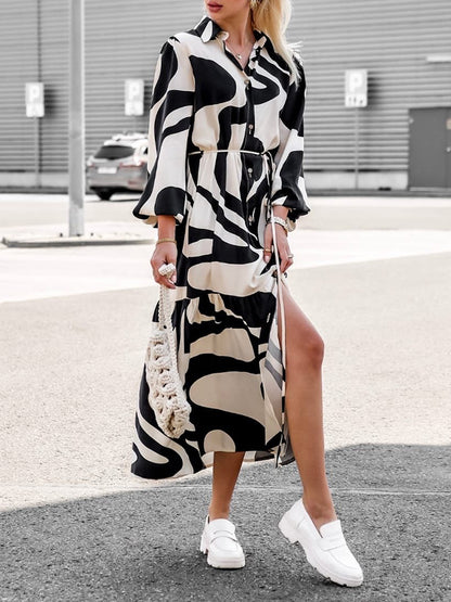 Geometric Printed Long Sleeves Buttoned Slit Shirt Maxi Dress
