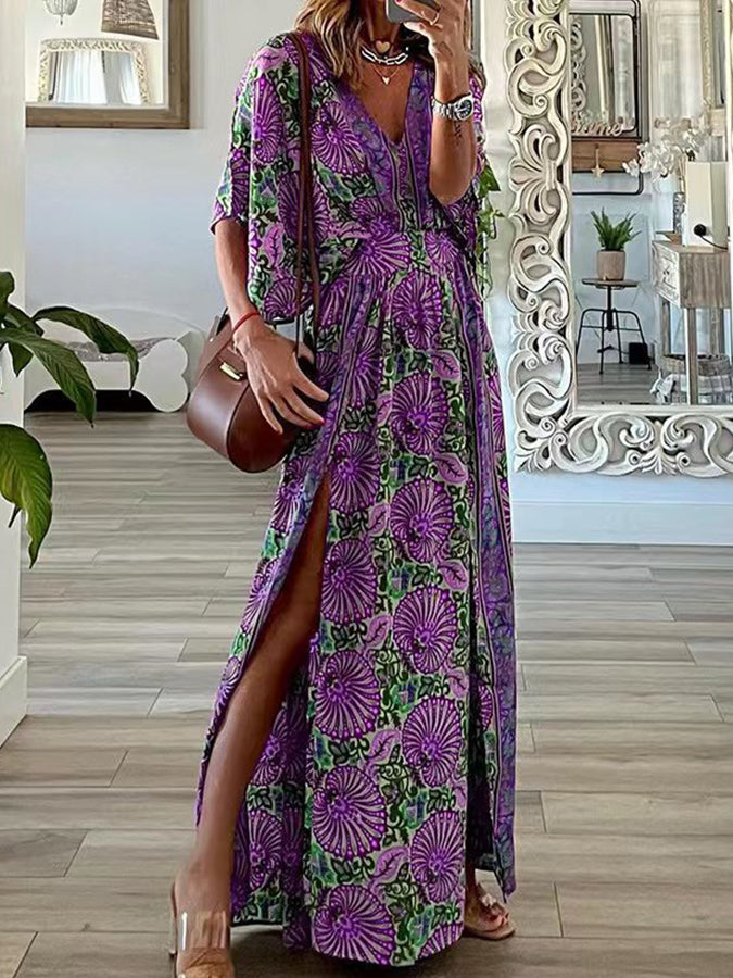 V Neck Loose Printed Slit Maxi Dress