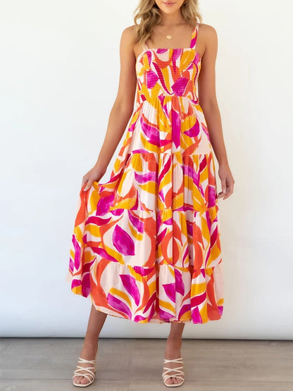 Leaves Printed Tie-shoulder Sleeveless Holiday Maxi Dress