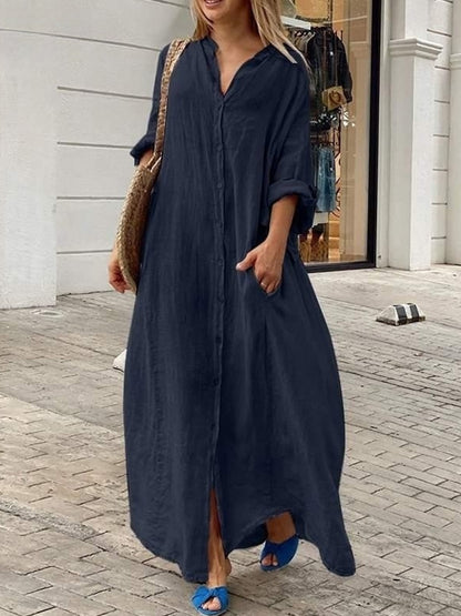 Long Sleeves Shirt Collar Buttoned Maxi Dress