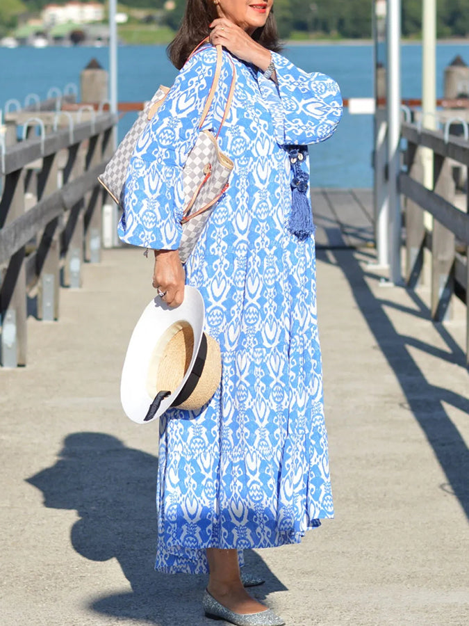 Long Sleeves V Neck Geometric Holiday Printed Maxi Dress