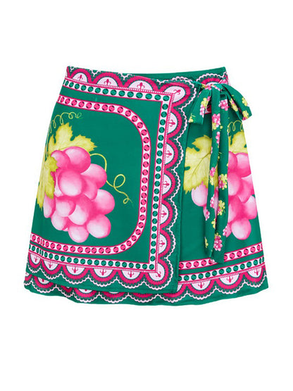 Ruffled Deep V Retro Green Grapes Print One Piece Swimsuit and Skirt
