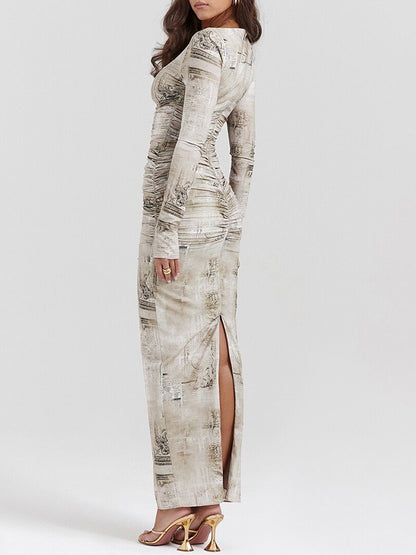 Long Sleeves Round Neck Printed Slim Maxi Dress