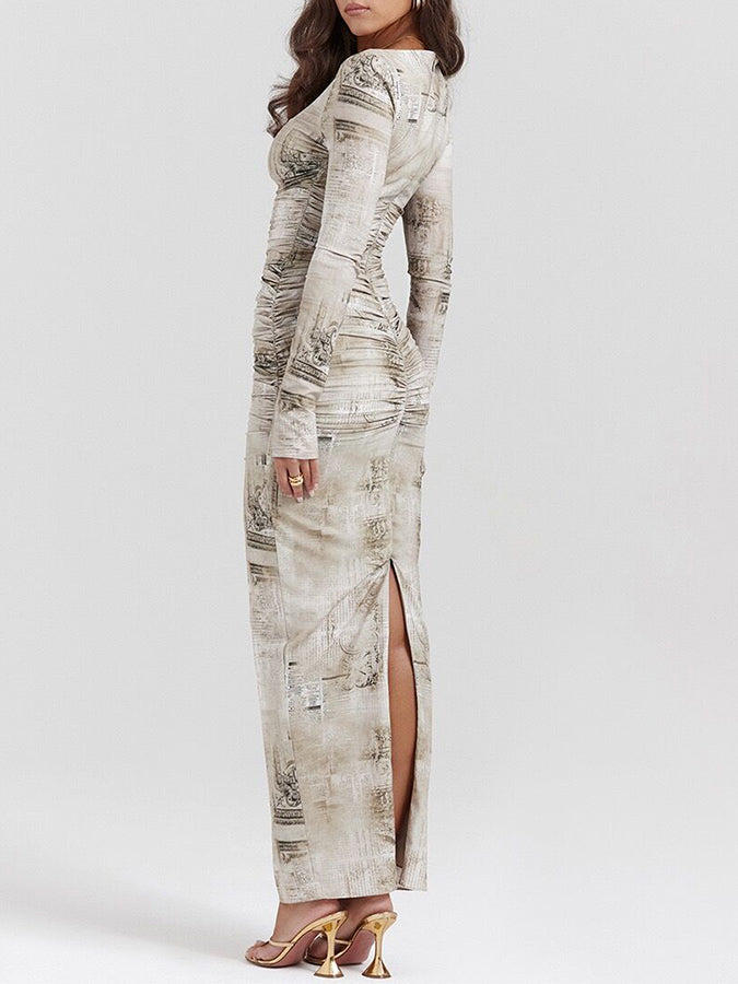 Long Sleeves Round Neck Printed Slim Maxi Dress