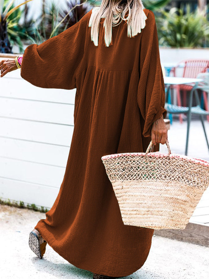 V Neck Long Sleeves Loose Maxi Dress