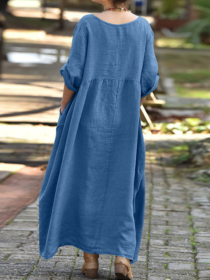 Round Neck 3/4 Sleeves Maxi Dress
