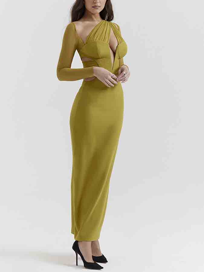 Long-sleeved Mesh Spliced v-neck Slim Long Dress