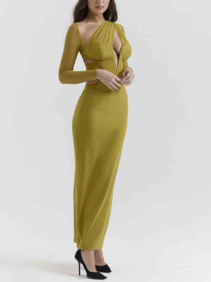 Long-sleeved Mesh Spliced v-neck Slim Long Dress