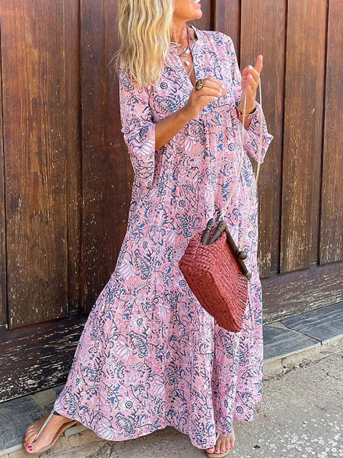 Pink V Neck Long Sleeves Printed Maxi Dress