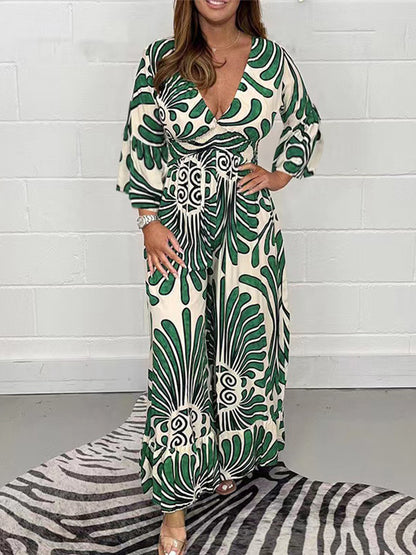 Geometric Printed Long Sleeves V Neck Maxi Dress