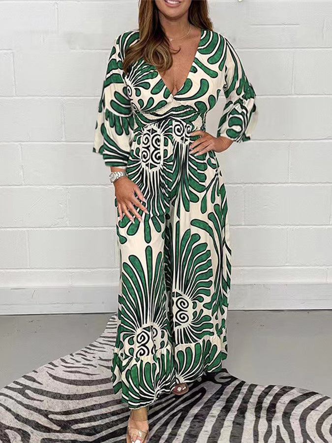 Geometric Printed Long Sleeves V Neck Maxi Dress