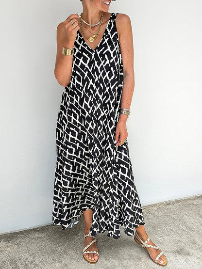 V Neck Geometric Printed Sleeveless Maxi Dress
