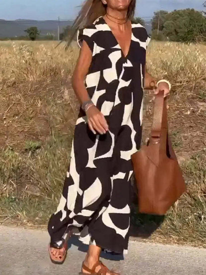 V Neck Short Sleeves Geometric Printed Maxi Dress