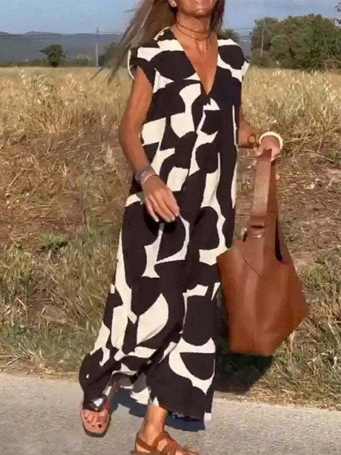 V Neck Short Sleeves Geometric Printed Maxi Dress