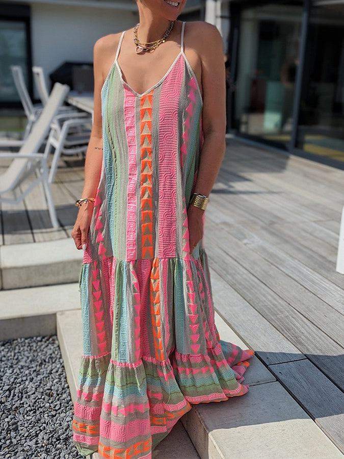 V Neck Sleeveless Tribal Holiday Maxi Dress